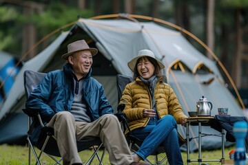 An Asian senior couple enjoys a joyful conversation while camping outdoors in a peaceful forest setting during the afternoon