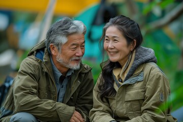 Fototapeta premium An afternoon conversation between an elderly Asian couple in a natural setting, enjoying each other\'s company outdoors