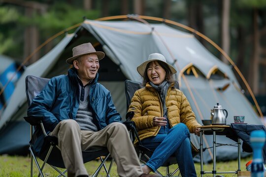 An Asian senior couple enjoys a joyful conversation while camping outdoors in a peaceful forest setting during the afternoon - Powered by Adobe