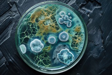 A detailed view of white, blue, and green mold growing in a petri dish showcasing diverse mold patterns over a dark background