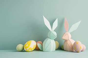 Two pastel paper bunnies and decorated Easter eggs on a light blue background.