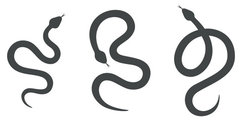 Snake silhouettes set. Black color hand drawn snakes collection with different shapes. Wild animals or nature theme. Symbol of 2025 Chinese New Year. Vector illustration on white background.