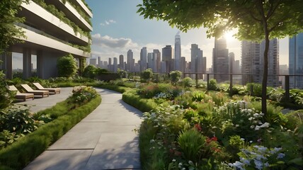 view of multi-storey buildings, showing trees, gardens and blue sky. generative ai