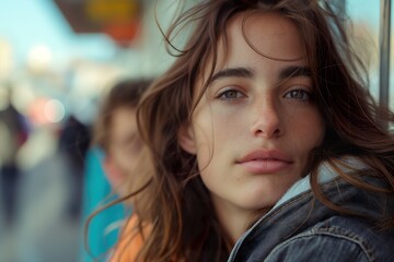 Obraz premium Young woman with striking gaze poses candidly on a busy city street during a sunny afternoon, capturing a moment of connection