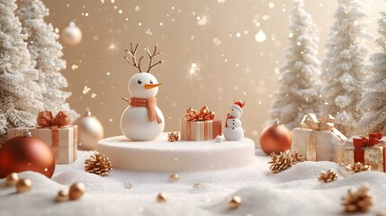 3D animated Christmas and New Year banner with a snow-covered podium, reindeer sleigh, gifts, snowman, and a transparent bauble against a beige background.