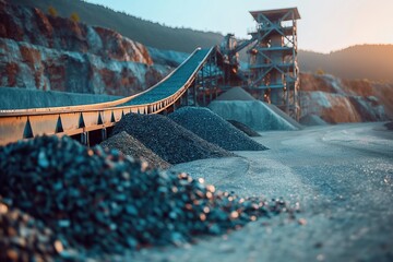 Conveyor belt transporting stone at an open pit mine during sunset with piles of aggregate materials nearby