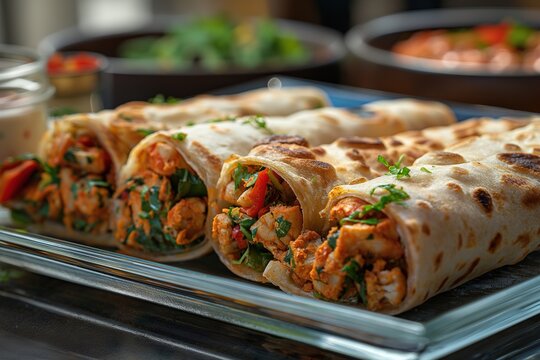 Gourmet veggie stuffed paratha rolls filled with fresh vegetables and herbs served in a vibrant dining setting