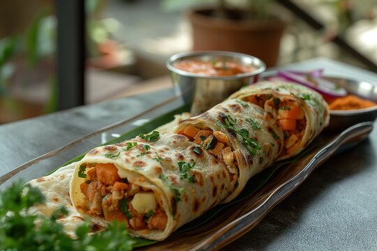 Gourmet veggie stuffed paratha roll served on a wooden platter with accompaniments in a cozy dining space
