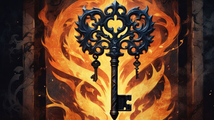 Antique burning key is glowing, emitting light and sparkson a dark vintage background.