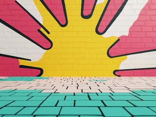 Colorful mural with vibrant sun rays on a brick wall, adding a dynamic and artistic touch to any space.