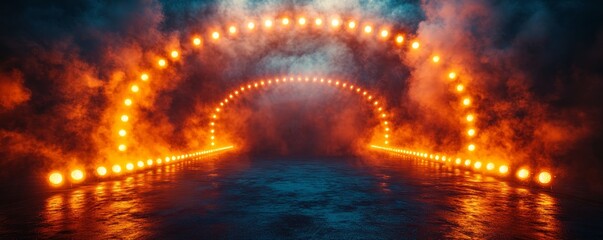 Stage lights forming an arch, soft warm tones, elegant and welcoming atmosphere, classic theater vibe, realistic