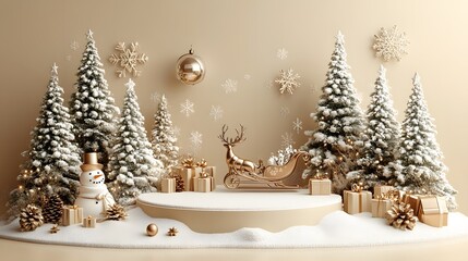 3D Christmas and New Year banner with snow-covered podium, featuring a reindeer sleigh, gifts, Christmas tree, snowman, and a transparent bauble on a beige backdrop.