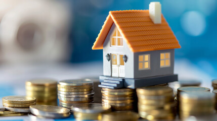 Small house model with yellow roof on a stack of coins, symbolizing real estate investment, financial growth, and savings concepts. Soft bokeh background with bright and clean focus.