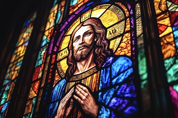 Fototapeta premium Colorful stained glass window depicting jesus christ with hands clasped in prayer, illuminated by sunlight shining through the colorful glass
