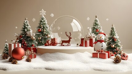 3D Christmas banner with snow-covered podium, decorated with a reindeer sleigh, gifts, Christmas tree, snowman, and a clear bauble, all against a beige backdrop.