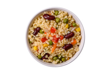 Boiled wheat bulgur porridge with vegetables peppers, peas, corn