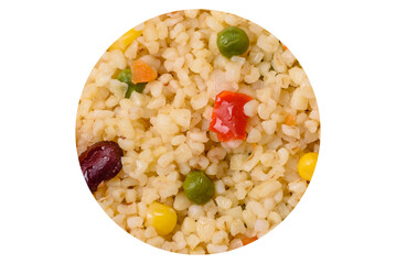 Boiled wheat bulgur porridge with vegetables peppers, peas, corn