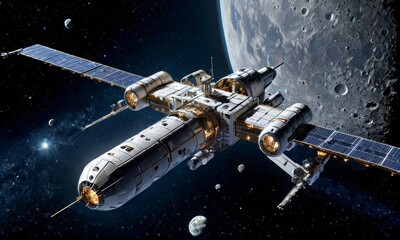 Obraz premium Advanced Space Station Orbiting the Moon In Galaxy