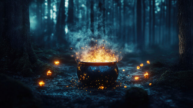 Bubbling witches cauldron in a dark enchanted forest with glowing potions