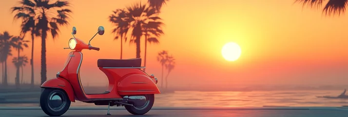 Wandcirkels Scooter Sunset on the beach with a red scooter  © Gayan