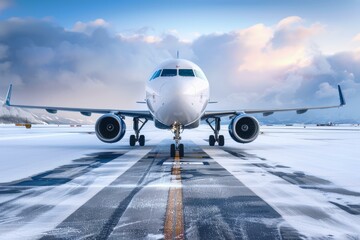 Passenger airplane standing on the runway covered with snow during a blizzard