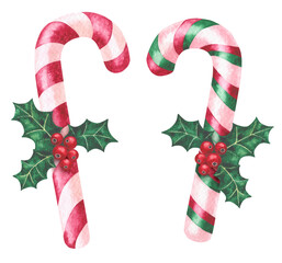 Set of Christmas watercolor illustrations of hand-drawn candy canes. Christmas candy cane with Christmas colors, leaves and holly berries. Perfect for cozy holiday decor.