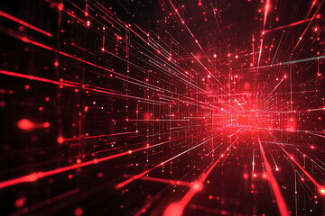 An abstract digital background featuring neon lines intertwined with data connections in red and black colors