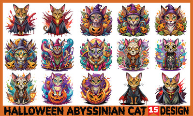 Fototapeta premium Halloween Abyssinian Cat Design - Hand-drawn lettering phrase isolated on white for t-shirts, calligraphy typography element perfect for spooky season. Vector sign for Halloween SVG designs