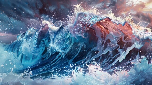 A dynamic ocean wave with vibrant colors and splashes against a dramatic sky background. Concept of nature's power and beauty