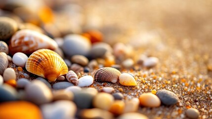 Close-up view of colorful pebbles and shells scattered on golden sandy beach, capturing nature's beauty and tranquility.