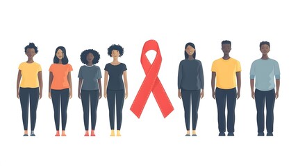 Fototapeta premium Flat vector banner for World AIDS Day featuring a red ribbon and diverse individuals, room for text.
