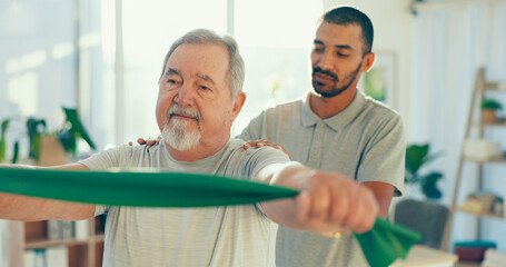 Resistance band, physiotherapy and man with patient for mobility, medical service and consulting....