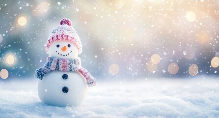 Fototapeta premium A cheerful snowman stands in a snowy landscape, adorned with a colorful hat and scarf, creating a magical winter atmosphere.