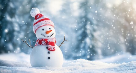 Fototapeta premium A cheerful snowman wearing a red and white striped hat and scarf stands in a snowy landscape, surrounded by falling snowflakes.