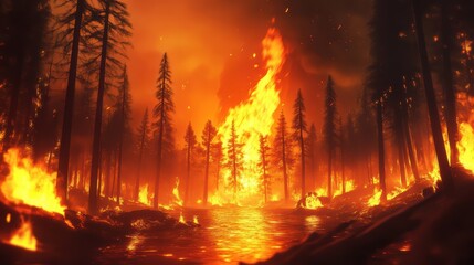 Naklejka premium Forest Fire Burning with River in Foreground