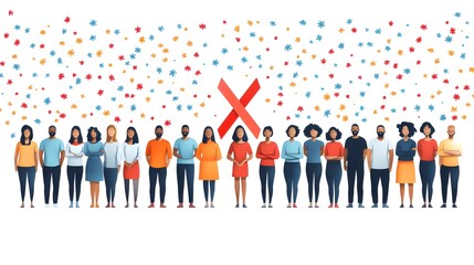 World AIDS Day banner with red ribbon, space for text, and diverse characters, vector flat illustration.