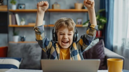 Child joyfully creating video content at home for online viewers. Concept Child Creativity, Online Content Creation, Joyful Activities, Parental Involvement 