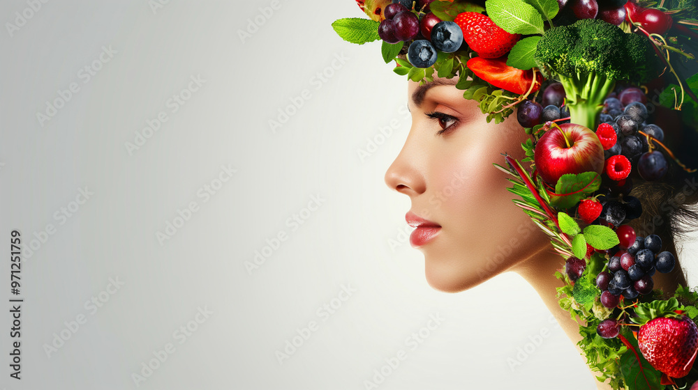 Wall mural woman as fresh fruits and vegetables - concept of healthy diet