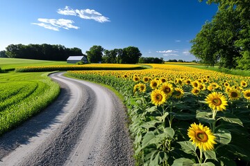 A rural road flanked by sunflower fields, the bright yellow flowers standing tall and stretching toward the sun