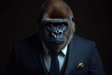 Fototapeta premium Gorilla like a human in suit. Portrait of a strong gorilla in a suit on a dark background with generative ai