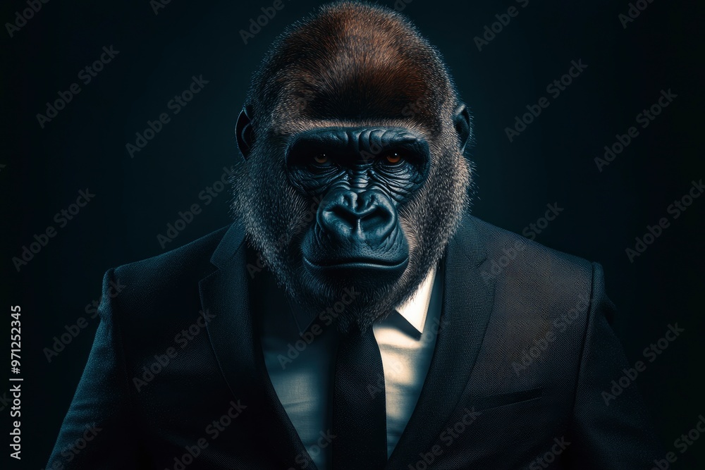 Wall mural gorilla like a human in suit. portrait of a strong gorilla in a suit on a dark background with gener