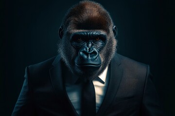 Fototapeta premium Gorilla like a human in suit. Portrait of a strong gorilla in a suit on a dark background with generative ai