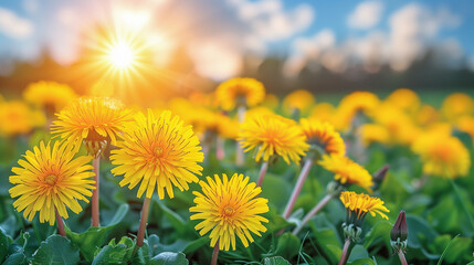 Obraz premium Sunlit Field of Yellow Dandelions in Soft Morning Light