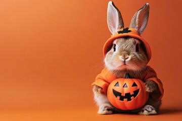 Cute Rabbit in Halloween Costume on Dark Orange Background