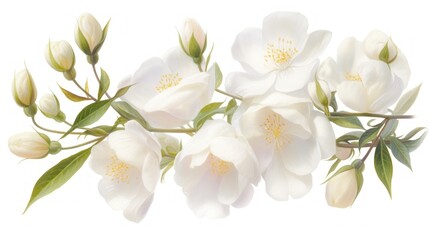 Obraz premium A delicate arrangement of white flowers with green leaves and buds.