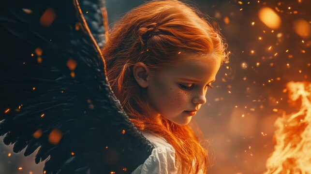 A young girl with red hair and a black angel wings