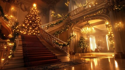 Obraz premium A staircase decorated with christmas lights and garlands