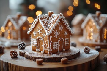 Christmas gingerbread houses on wooden table with bokeh background.. Pastries in the form of houses. Festive scene with holiday pastries. Christmas and New Year background.

