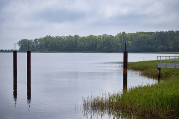 Grass next to the water in the Baltic Sea on a cloudy spring day in Rerik, Germany.