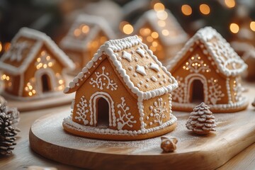 Christmas gingerbread houses on wooden table with bokeh background.. Pastries in the form of houses. Festive scene with holiday pastries. Christmas and New Year background.
